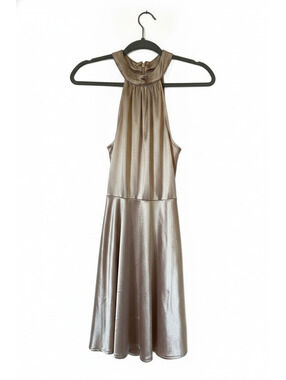 Champagne Satin Halter Neck Dress with Rhinestone Detail